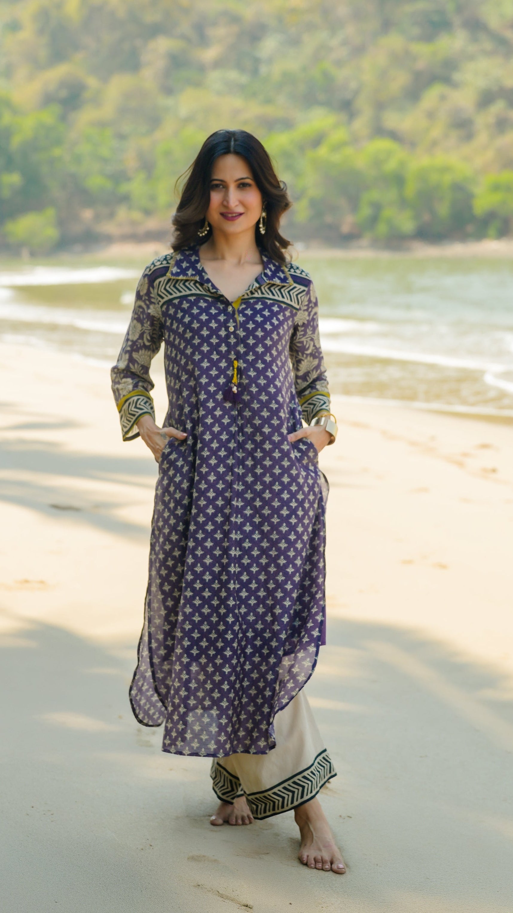 Purple and Yellow  Vayu Mul Chanderi Block Print Kurta Set