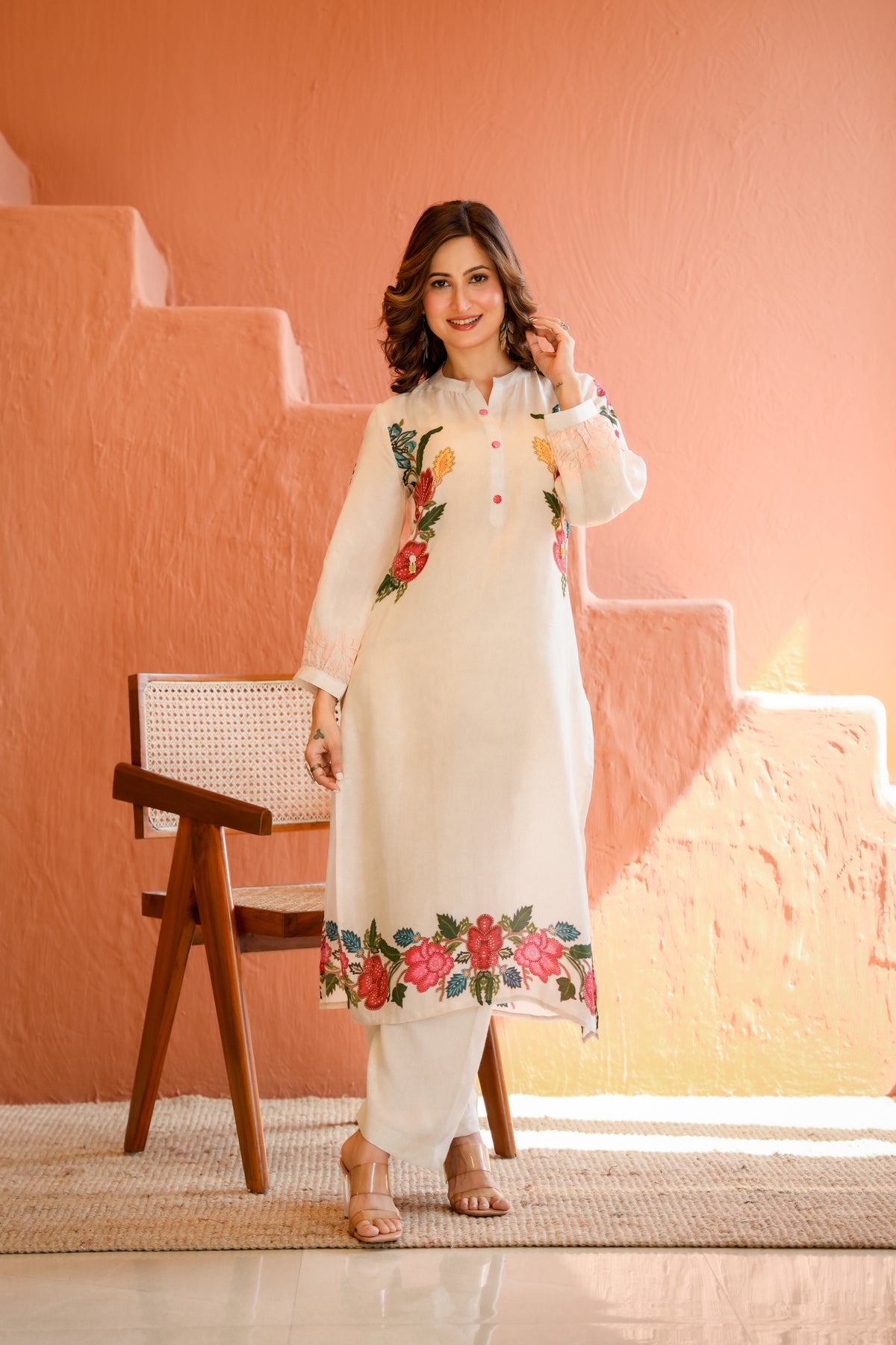 White Placement Floral Print with Red and Yellow Beads Kurta Set