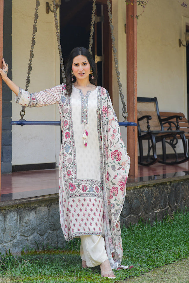 Off White Jaipur Bagh Muslin Suit Set