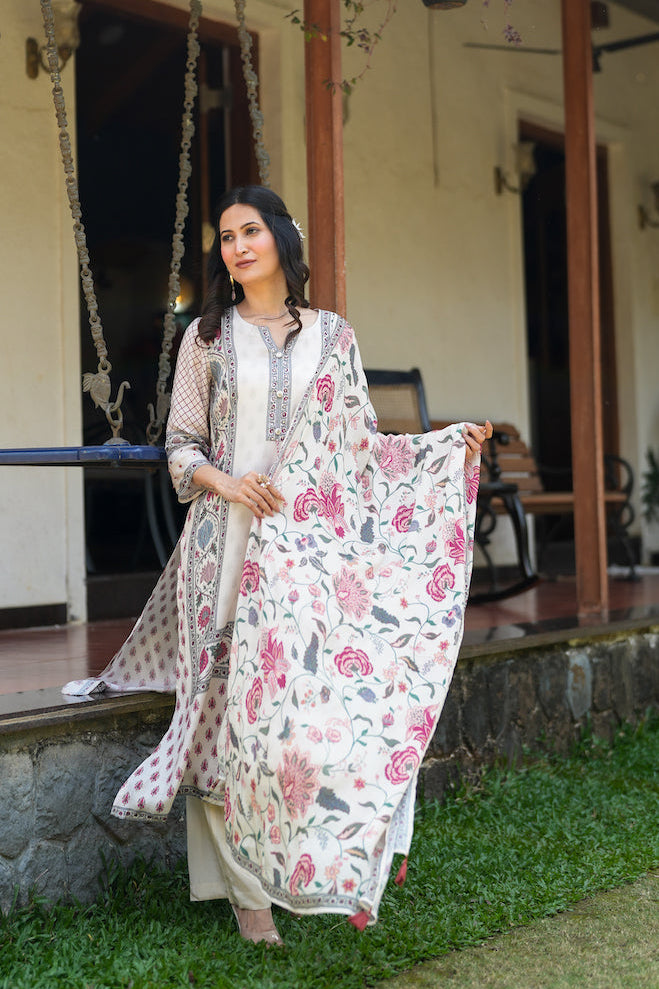 Off White Jaipur Bagh Muslin Suit Set