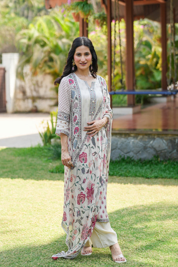 Off White Jaipur Bagh Muslin Suit Set