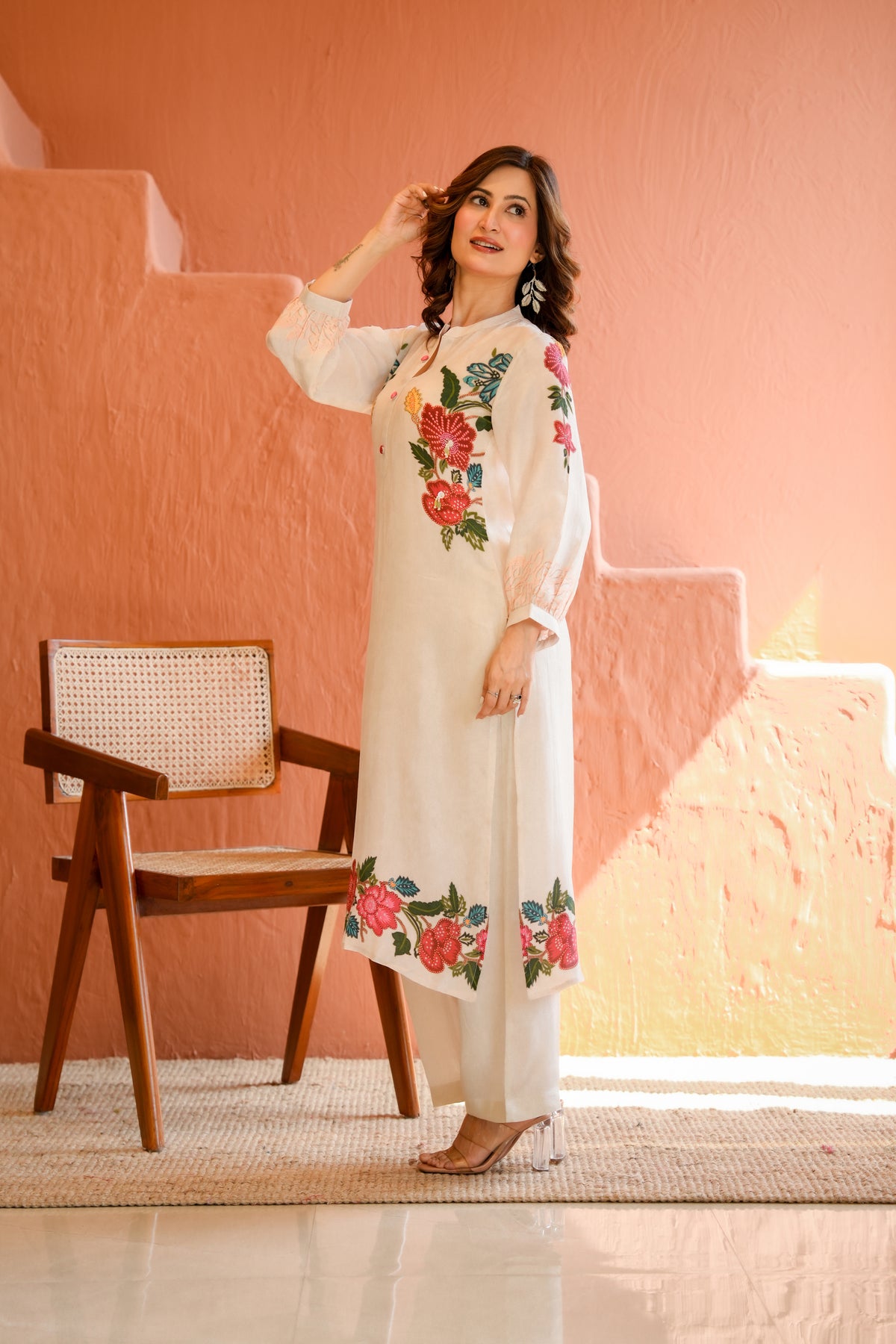 White Placement Floral Print with Red and Yellow Beads Kurta Set
