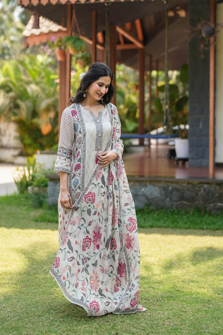 Off White Jaipur Bagh Muslin Suit Set