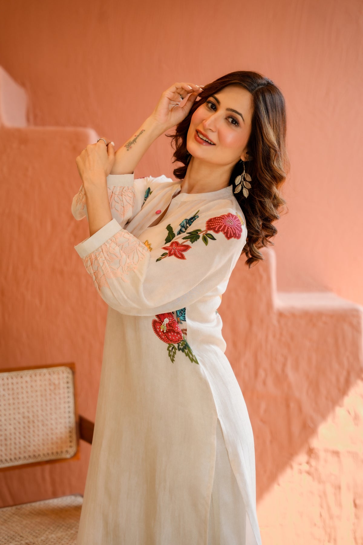White Placement Floral Print with Red and Yellow Beads Kurta Set