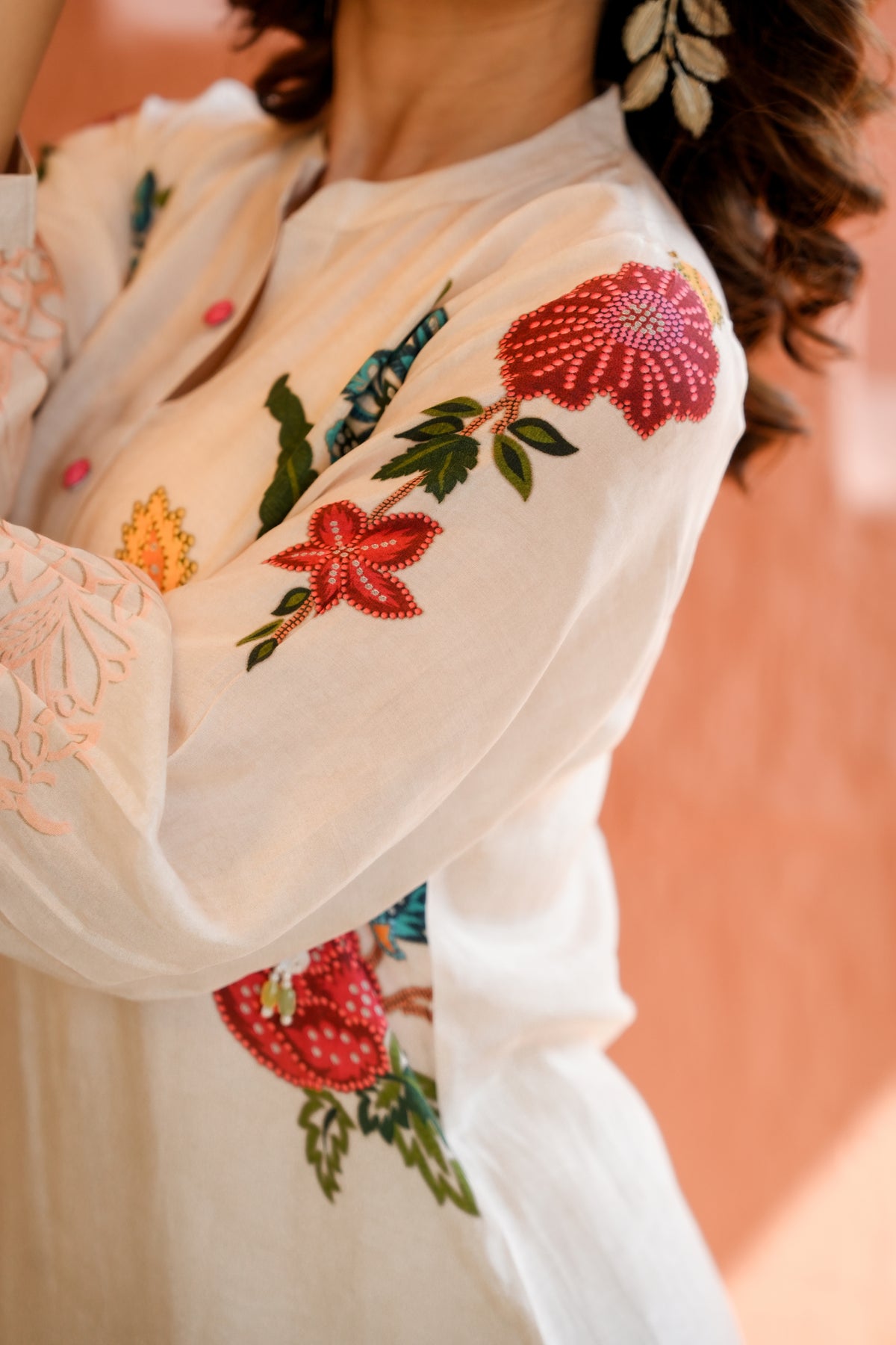 White Placement Floral Print with Red and Yellow Beads Kurta Set