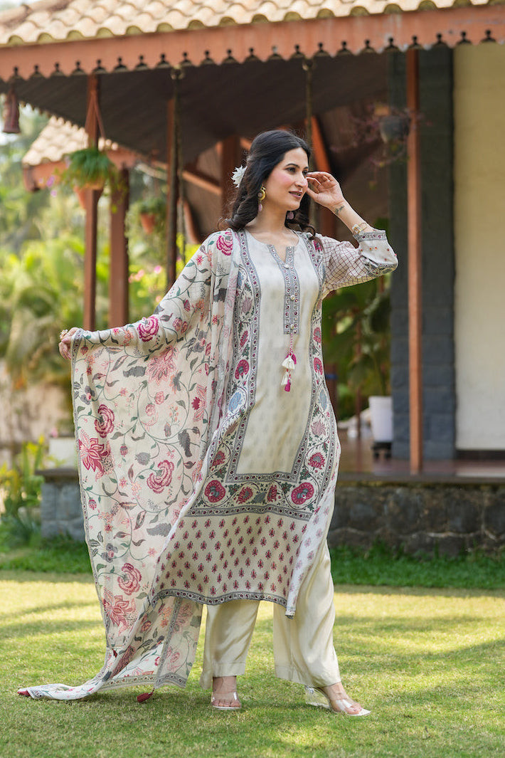 Off White Jaipur Bagh Muslin Suit Set
