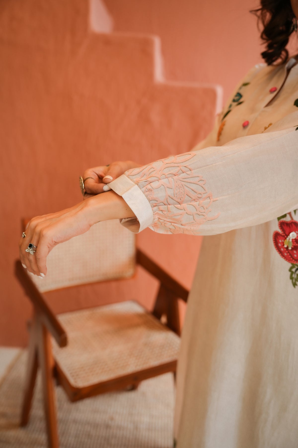 White Placement Floral Print with Red and Yellow Beads Kurta Set