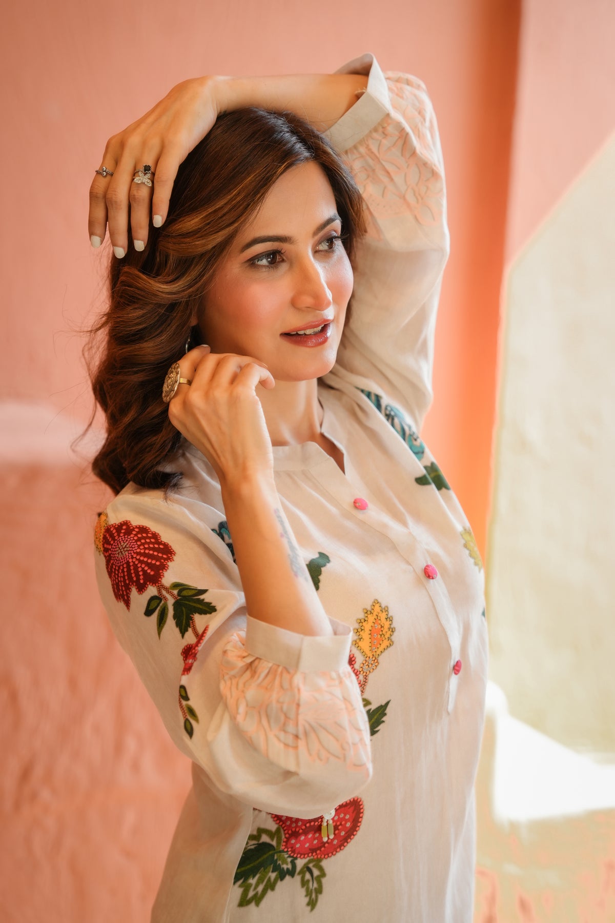 White Placement Floral Print with Red and Yellow Beads Kurta Set