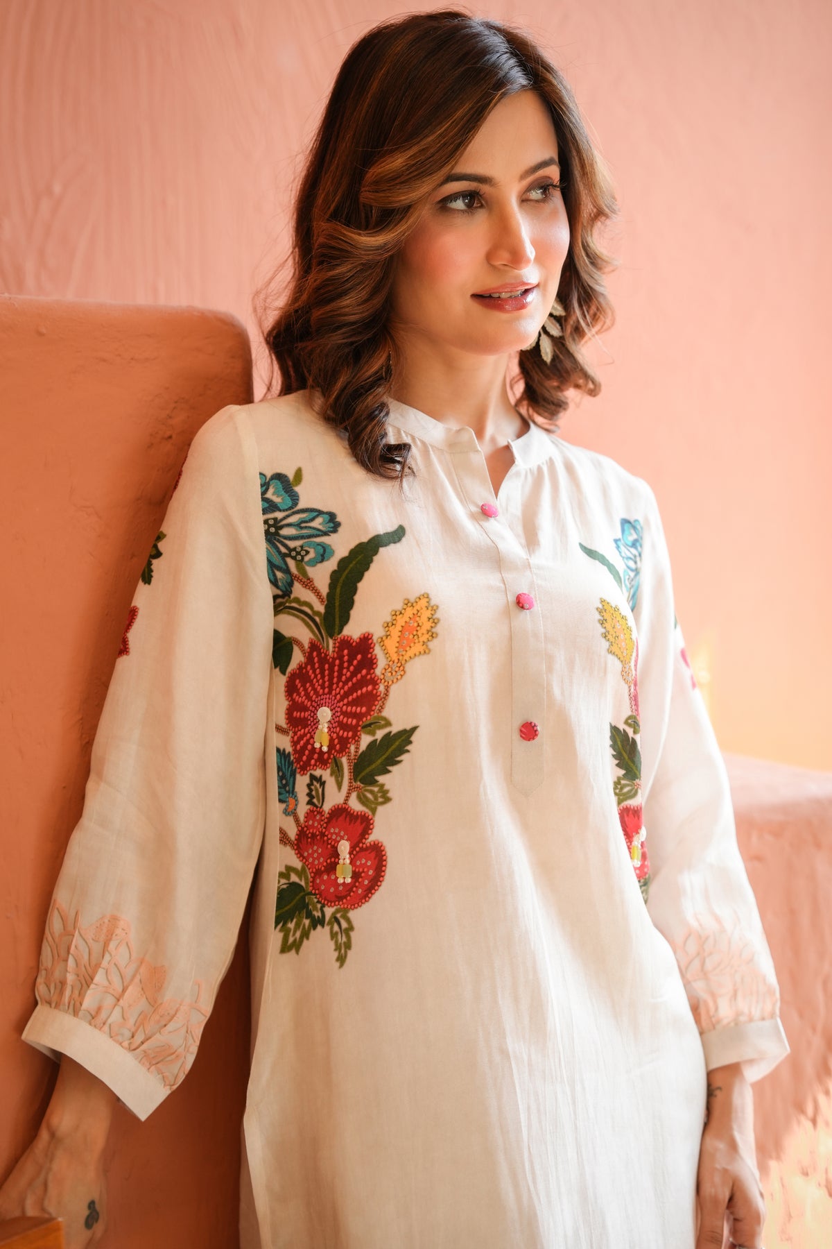 White Placement Floral Print with Red and Yellow Beads Kurta Set