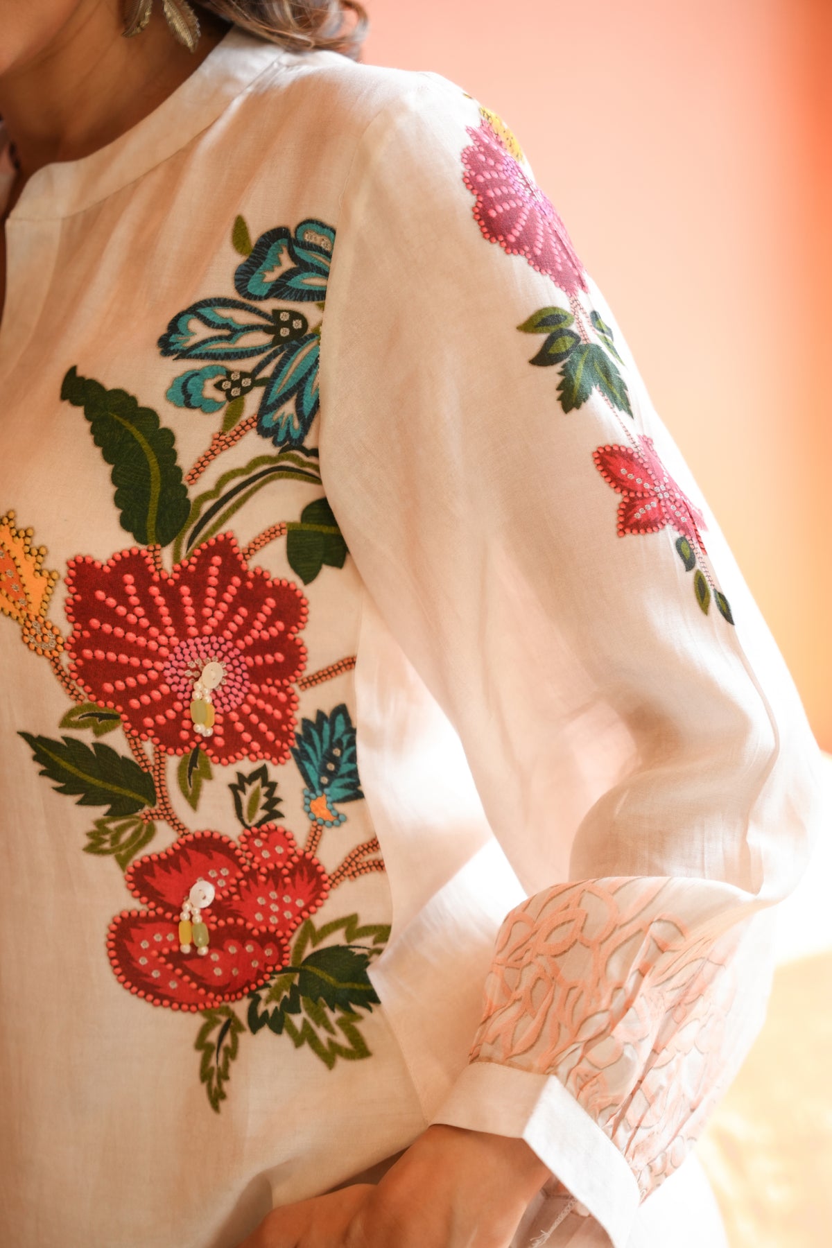 White Placement Floral Print with Red and Yellow Beads Kurta Set