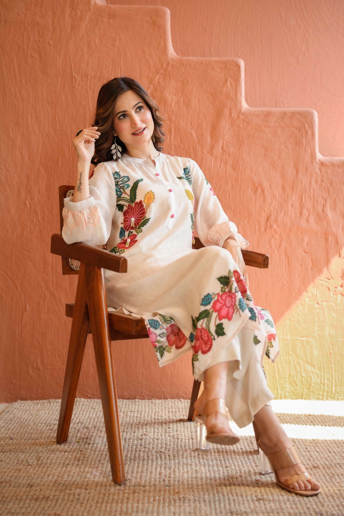 White Placement Floral Print with Red and Yellow Beads Kurta Set