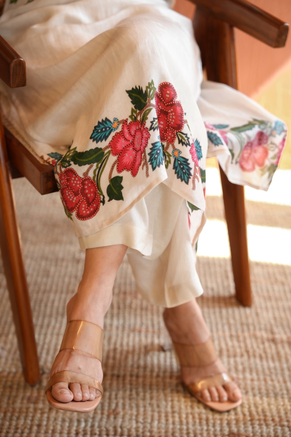 White Placement Floral Print with Red and Yellow Beads Kurta Set