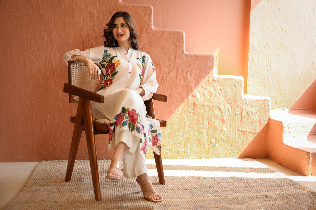 White Placement Floral Print with Red and Yellow Beads Kurta Set