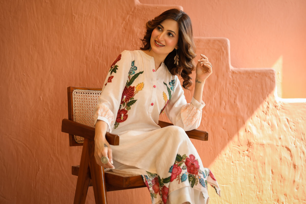 White Placement Floral Print with Red and Yellow Beads Kurta Set