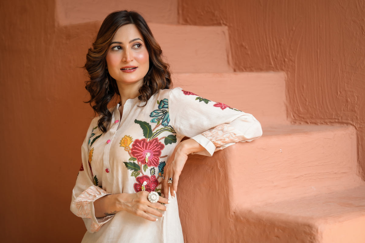 White Placement Floral Print with Red and Yellow Beads Kurta Set