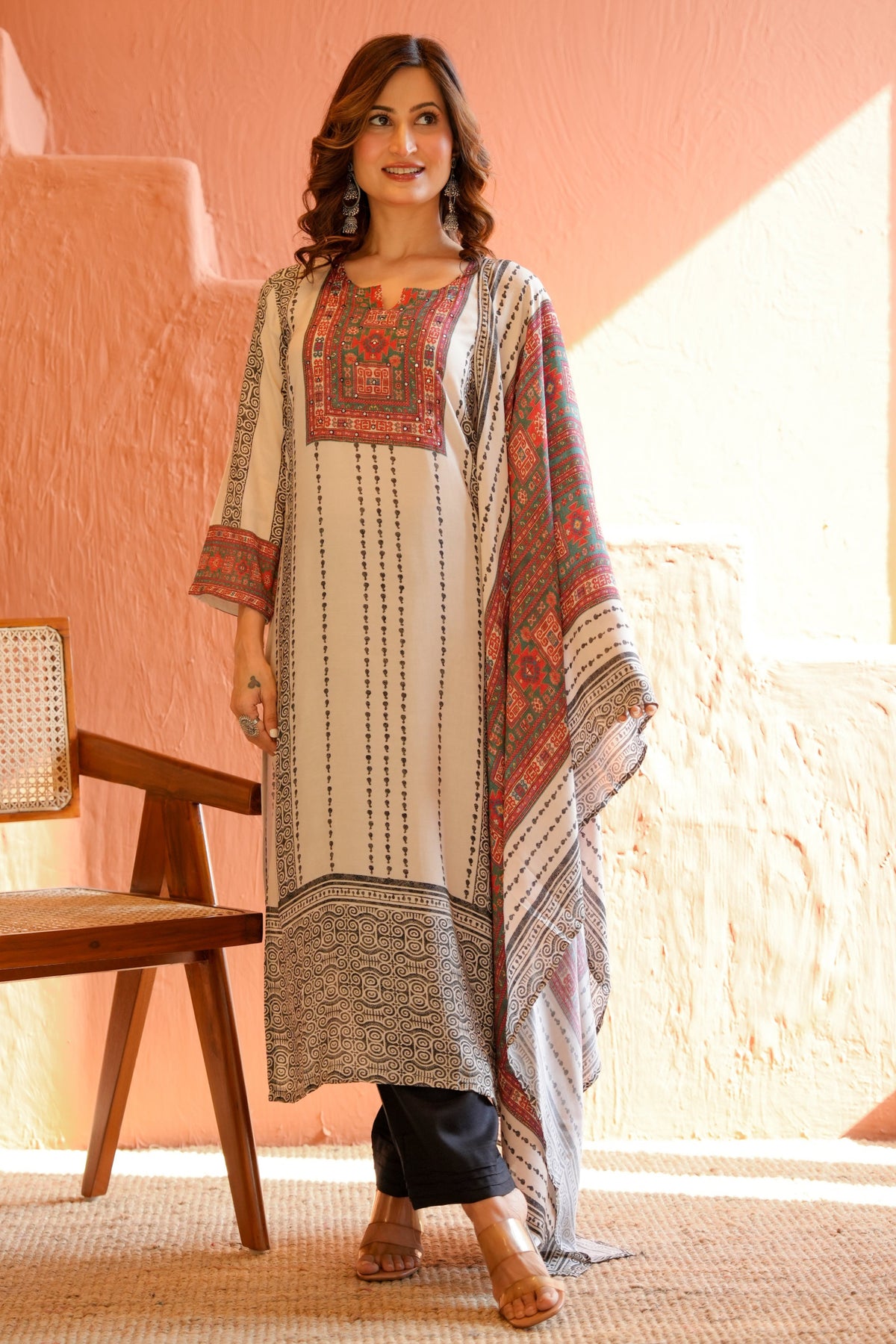 Black and White Striped Print With Multi Coloured Yoke Suit Set