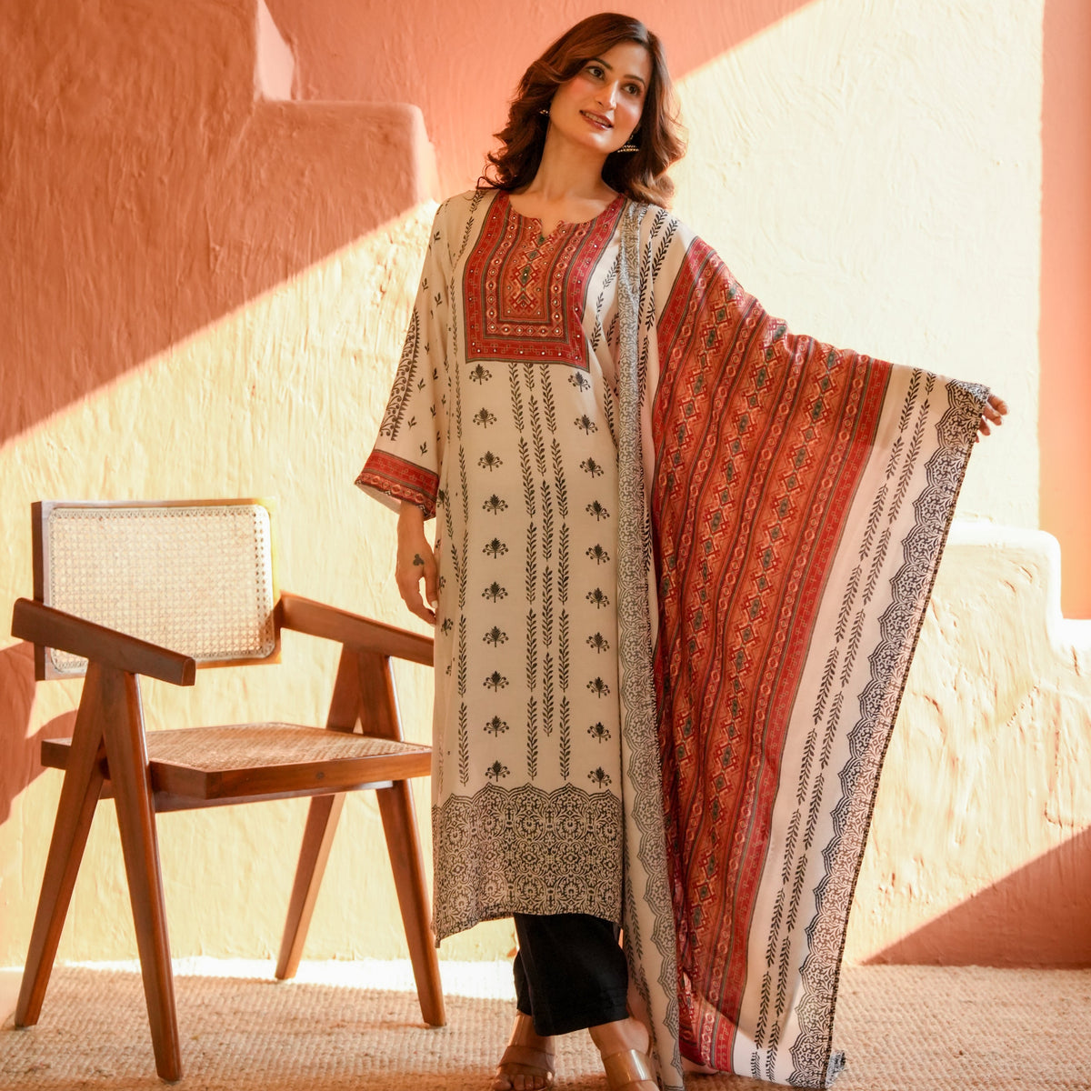 White and Black Block Print With Red Coloured Yoke Suit Set