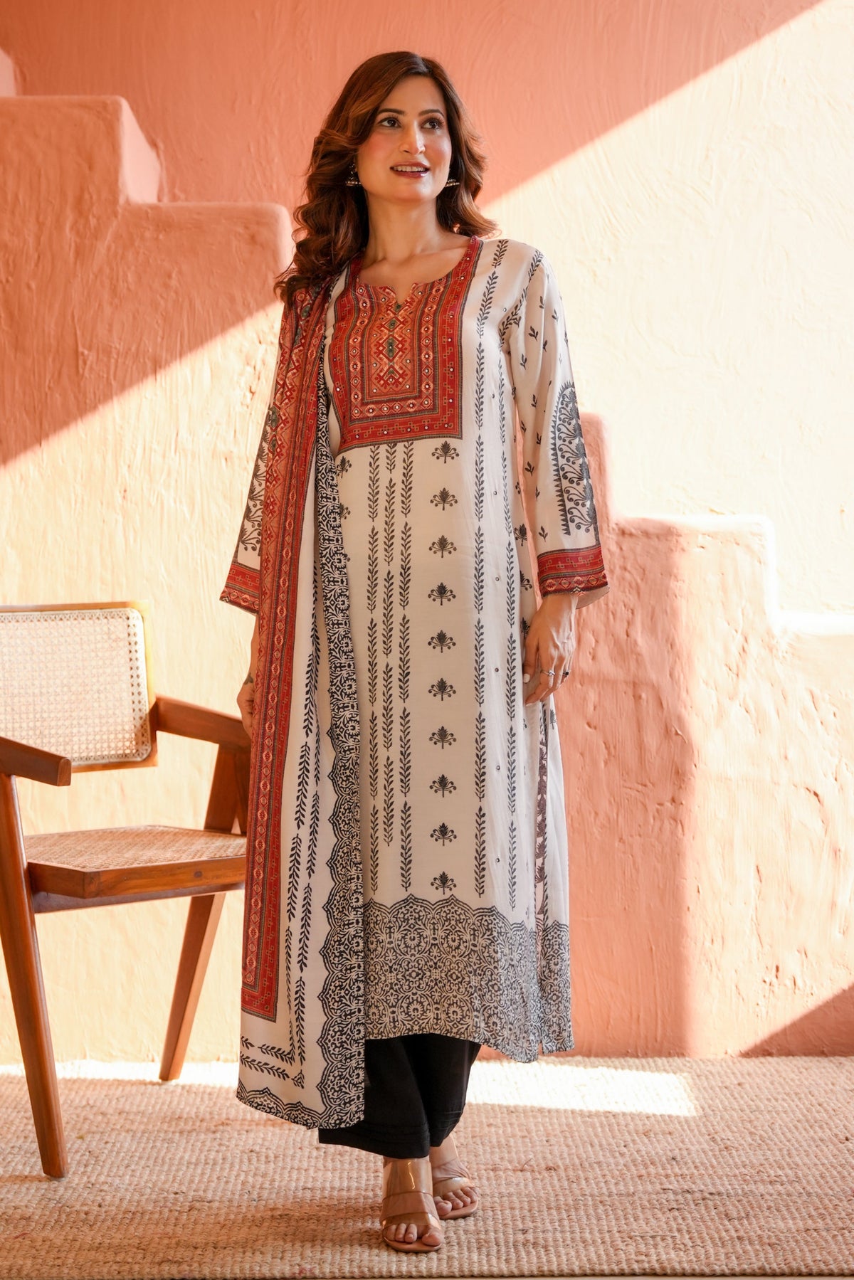 White and Black Block Print With Red Coloured Yoke Suit Set
