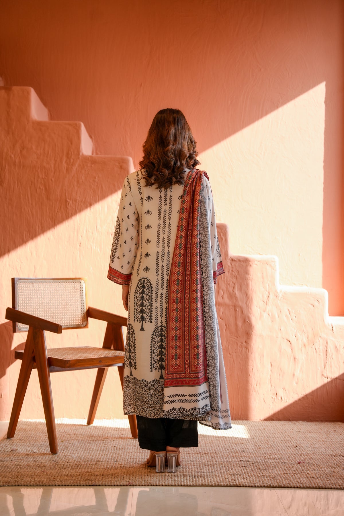 White and Black Block Print With Red Coloured Yoke Suit Set