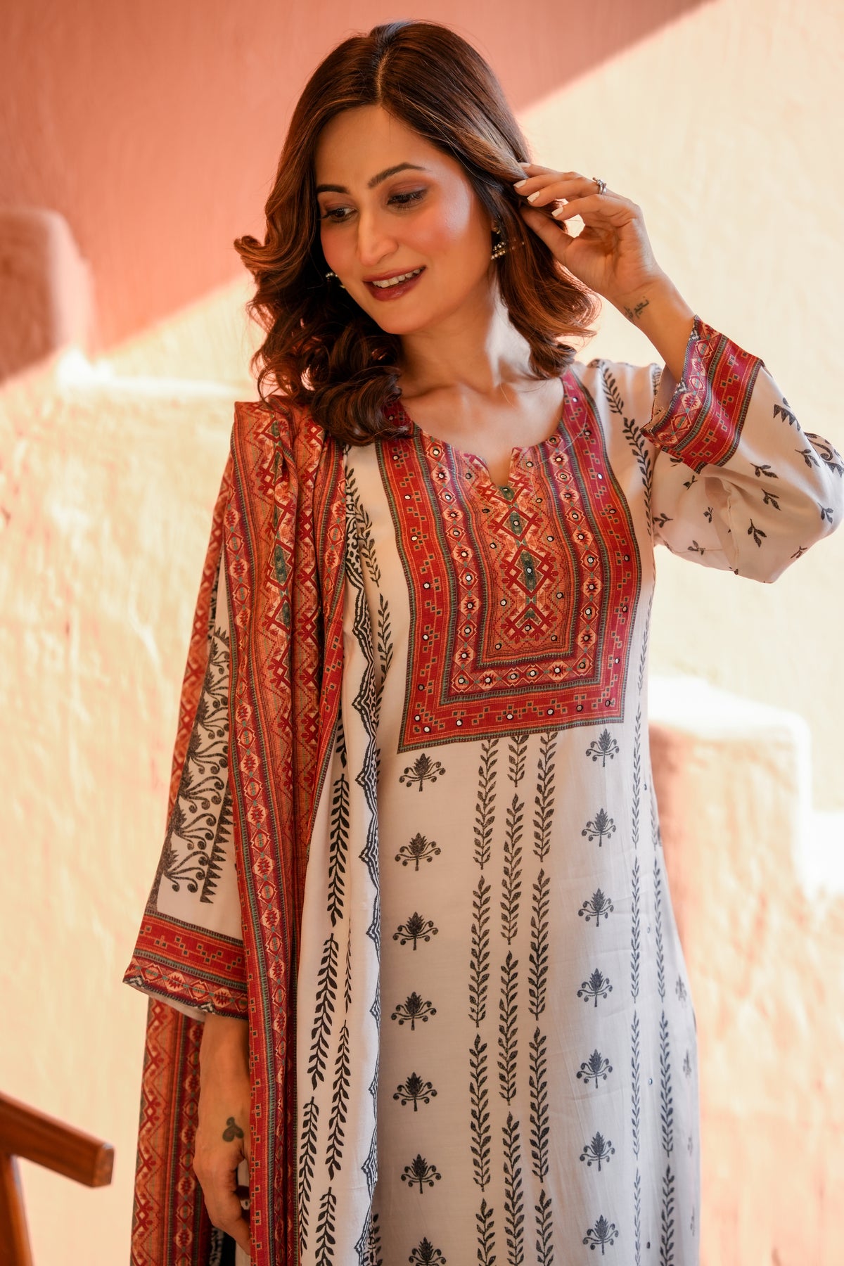 White and Black Block Print With Red Coloured Yoke Suit Set