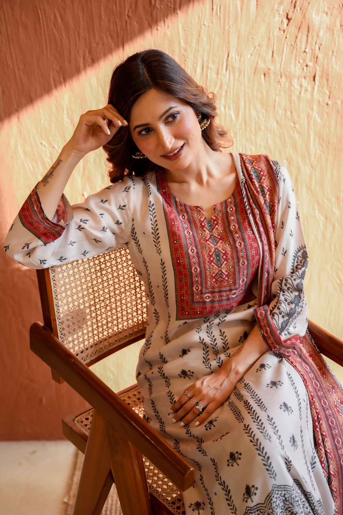 White and Black Block Print With Red Coloured Yoke Suit Set