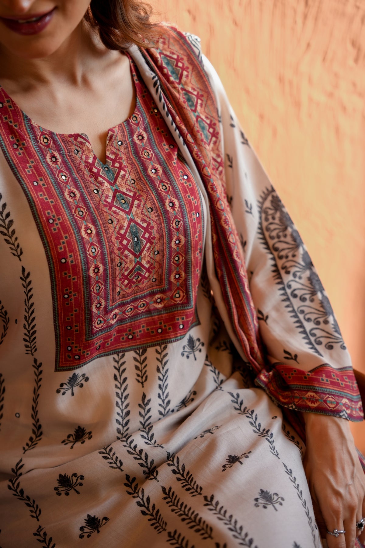 White and Black Block Print With Red Coloured Yoke Suit Set