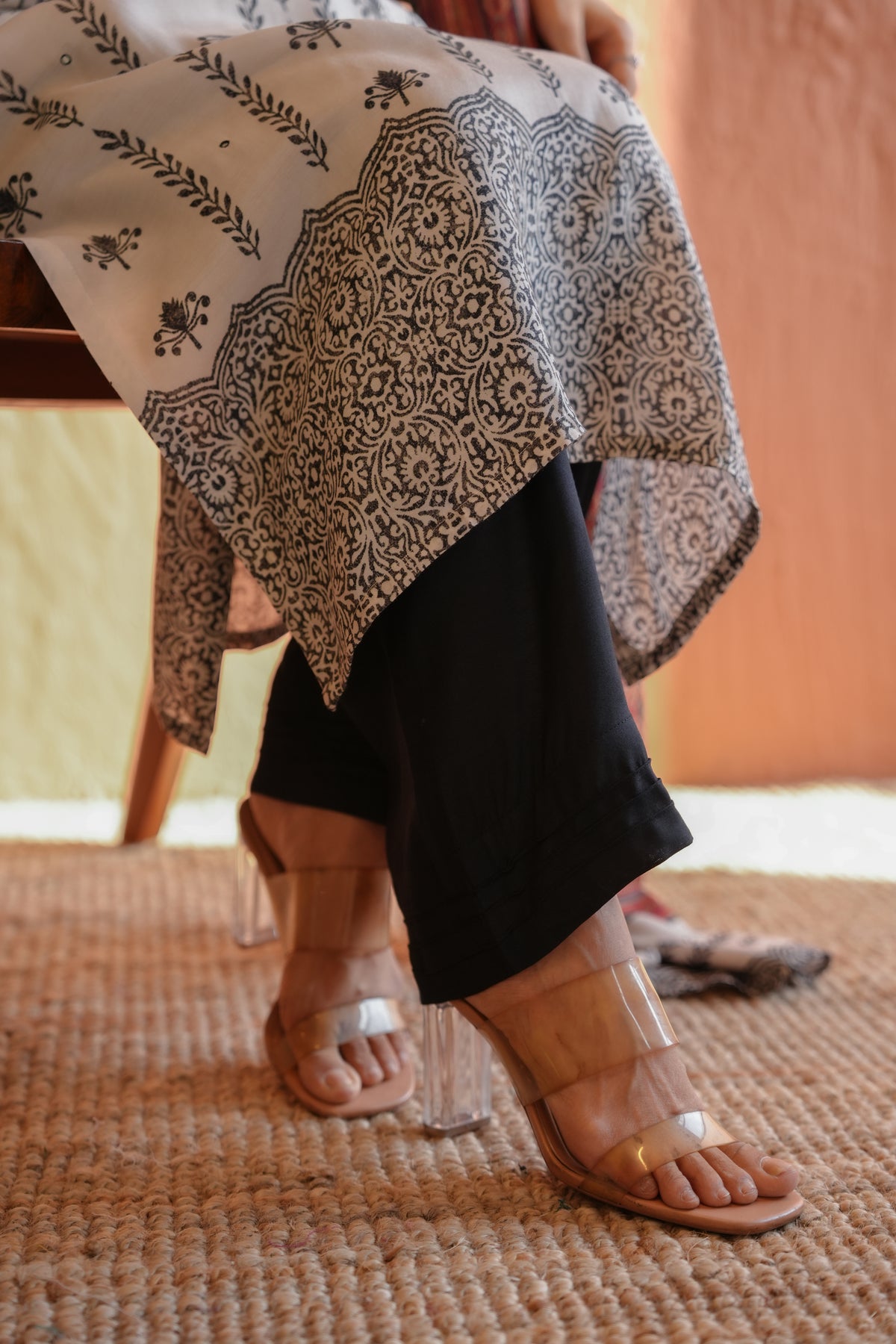 White and Black Block Print With Red Coloured Yoke Suit Set