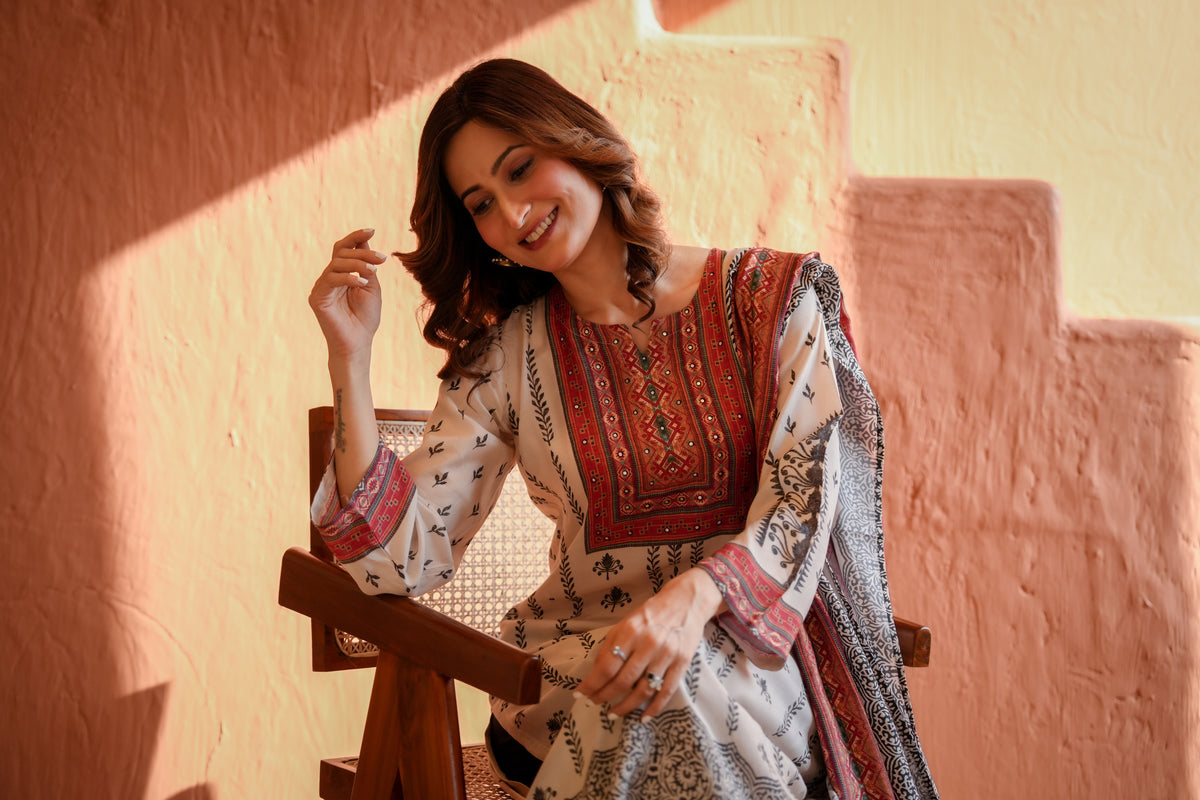 White and Black Block Print With Red Coloured Yoke Suit Set