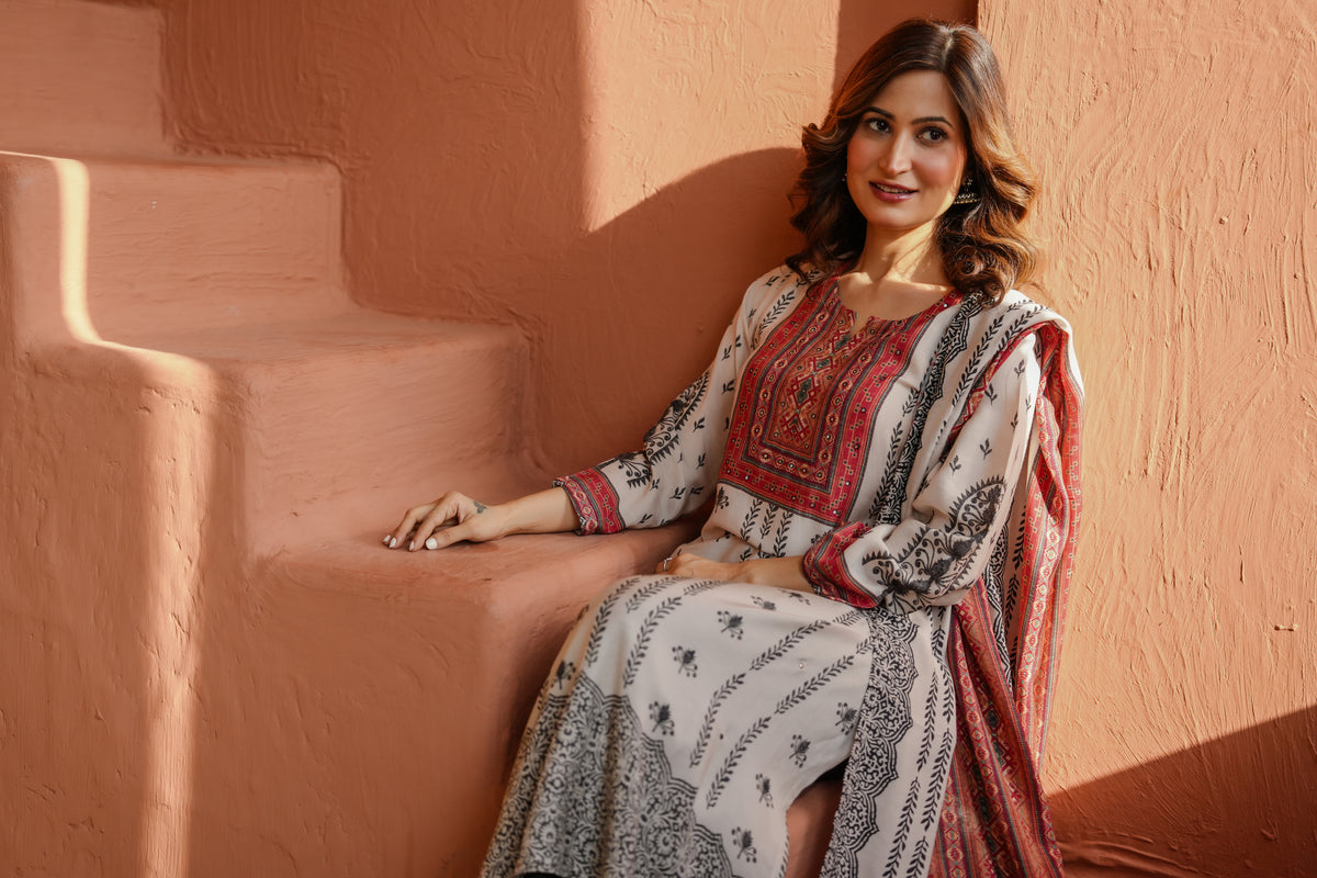 White and Black Block Print With Red Coloured Yoke Suit Set