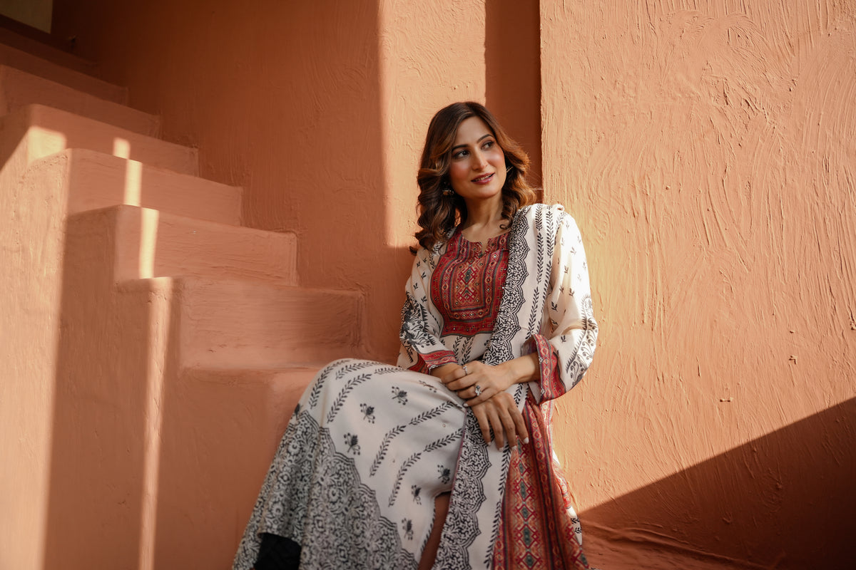 White and Black Block Print With Red Coloured Yoke Suit Set