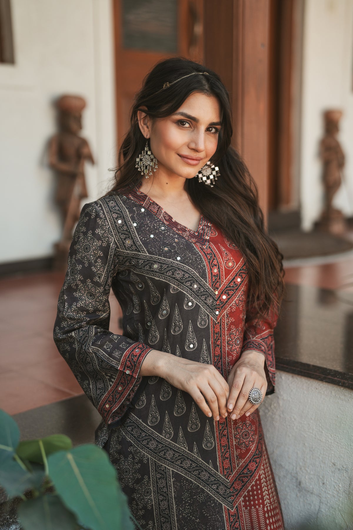 Rustic Red with Grey Panel Block Printing with Gota Spread Work Muslin Kurta Set