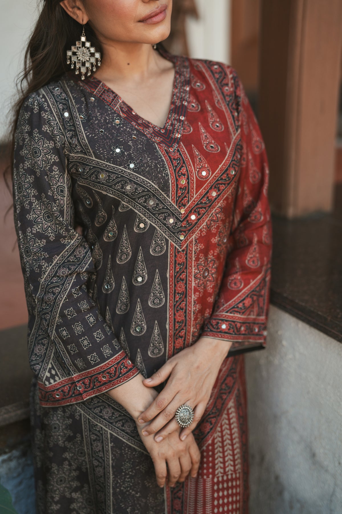 Rustic Red with Grey Panel Block Printing with Gota Spread Work Muslin Kurta Set