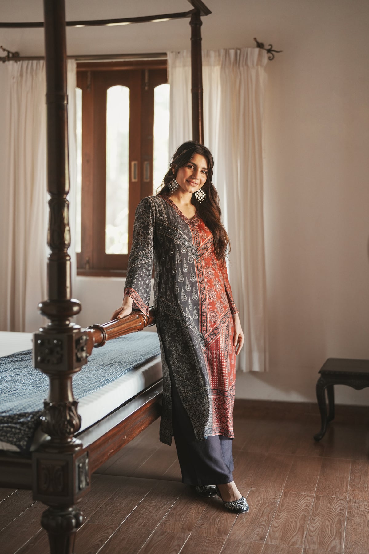 Rustic Red with Grey Panel Block Printing with Gota Spread Work Muslin Kurta Set