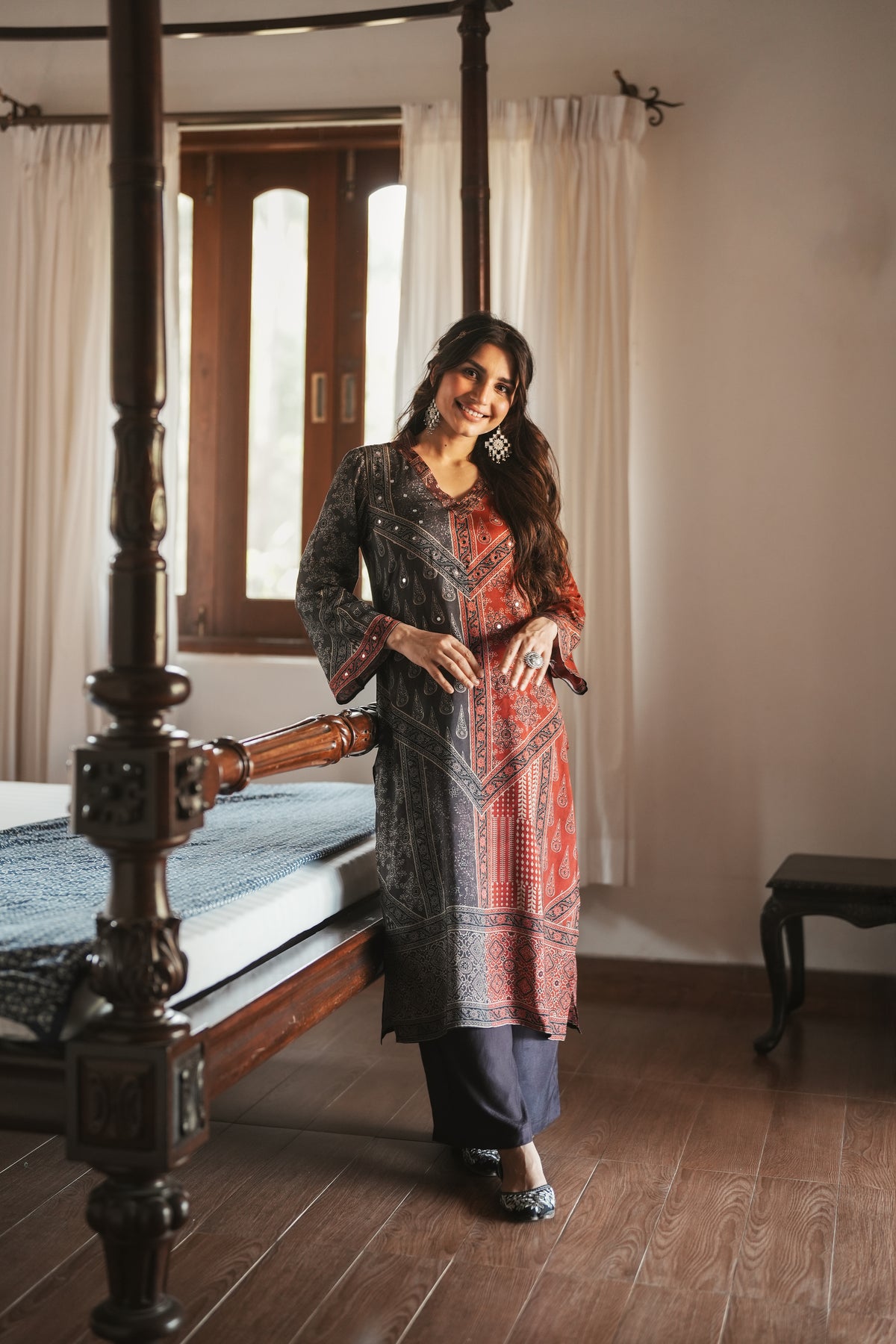 Rustic Red with Grey Panel Block Printing with Gota Spread Work Muslin Kurta Set