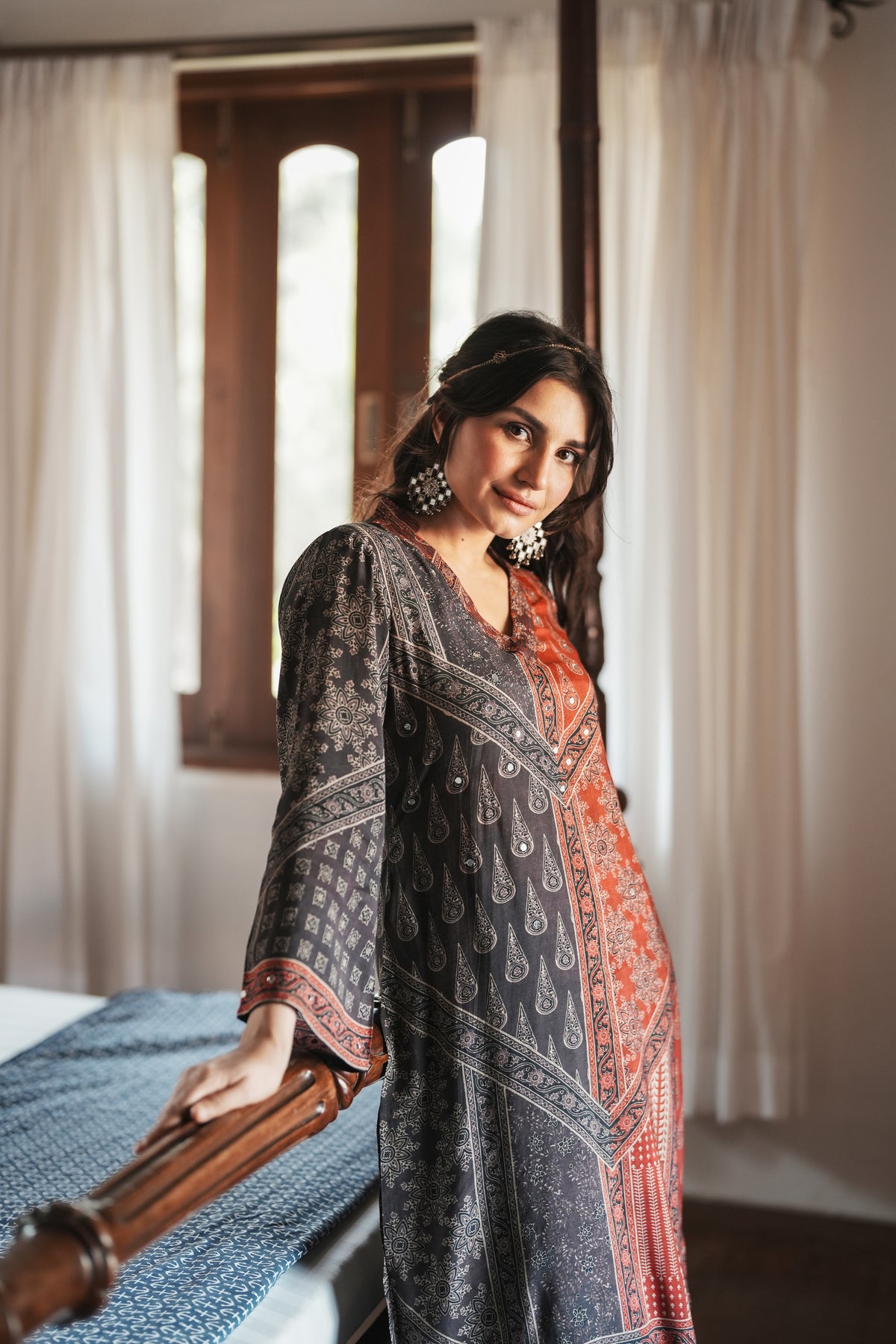 Rustic Red with Grey Panel Block Printing with Gota Spread Work Muslin Kurta Set