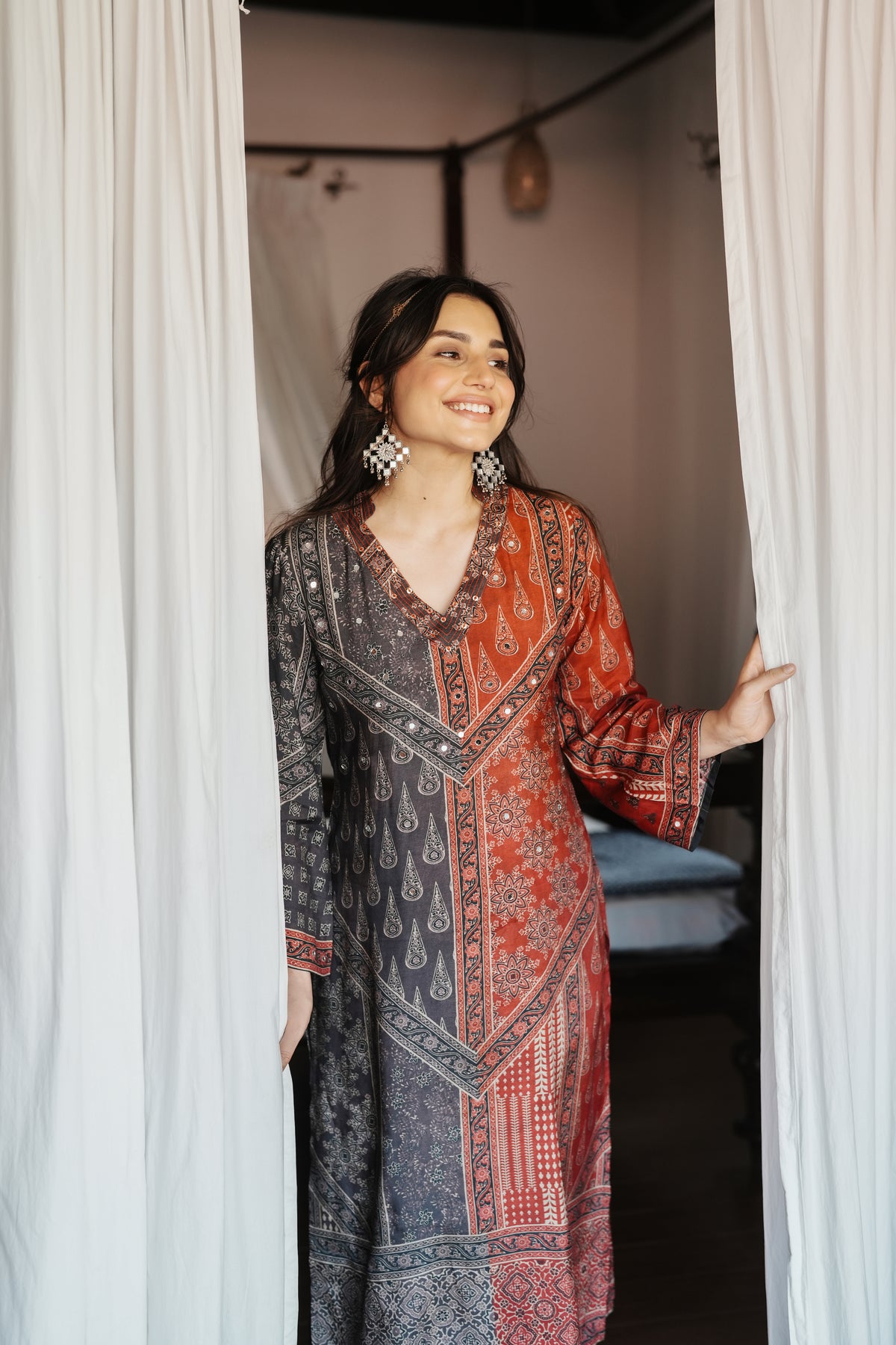 Rustic Red with Grey Panel Block Printing with Gota Spread Work Muslin Kurta Set