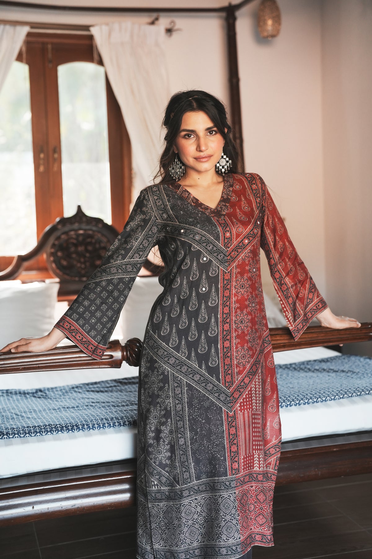Rustic Red with Grey Panel Block Printing with Gota Spread Work Muslin Kurta Set