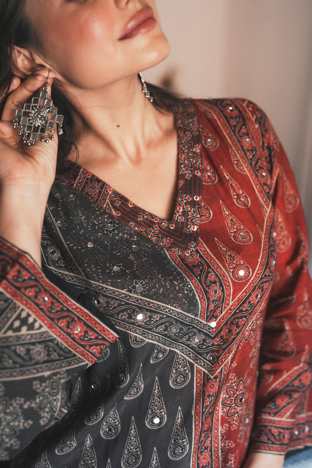 Rustic Red with Grey Panel Block Printing with Gota Spread Work Muslin Kurta Set