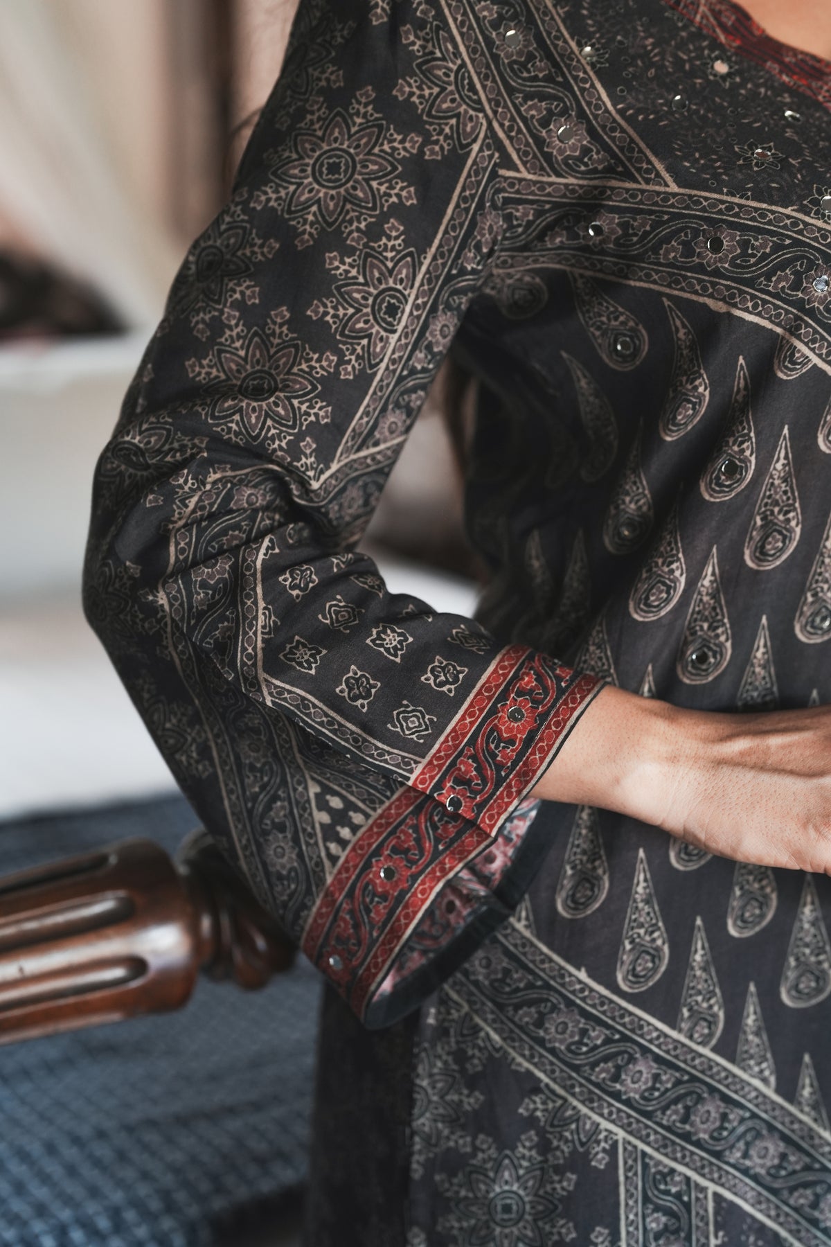 Rustic Red with Grey Panel Block Printing with Gota Spread Work Muslin Kurta Set