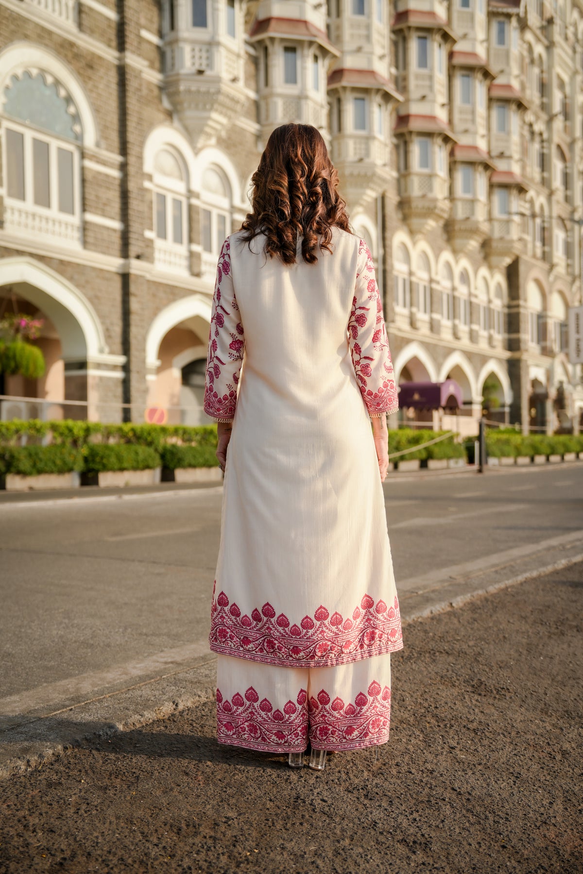 Off White Beigish Pure Muslin Suroop Red Buti Kurta with Parallel Pants