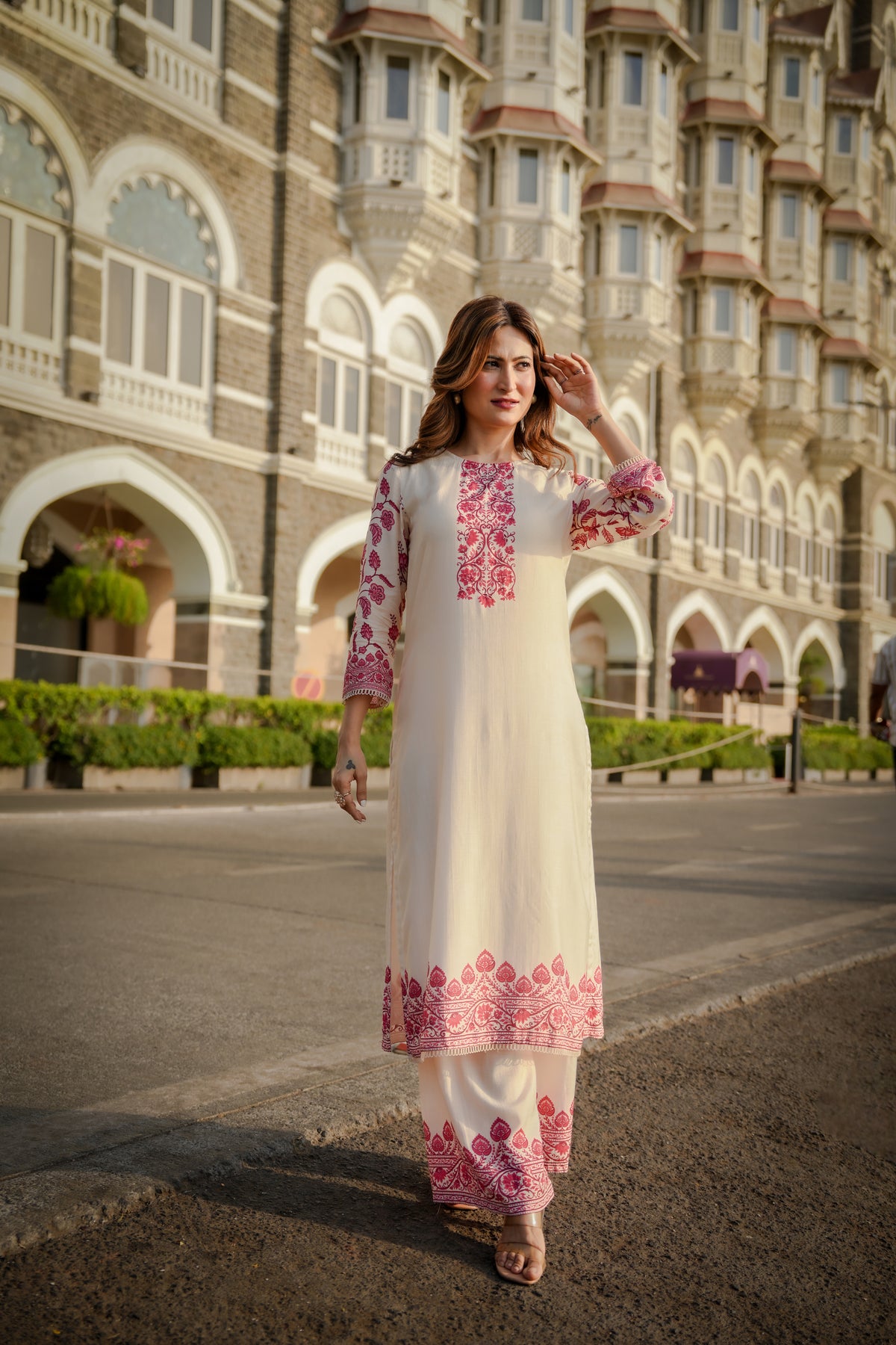 Off White Beigish Pure Muslin Suroop Red Buti Kurta with Parallel Pants