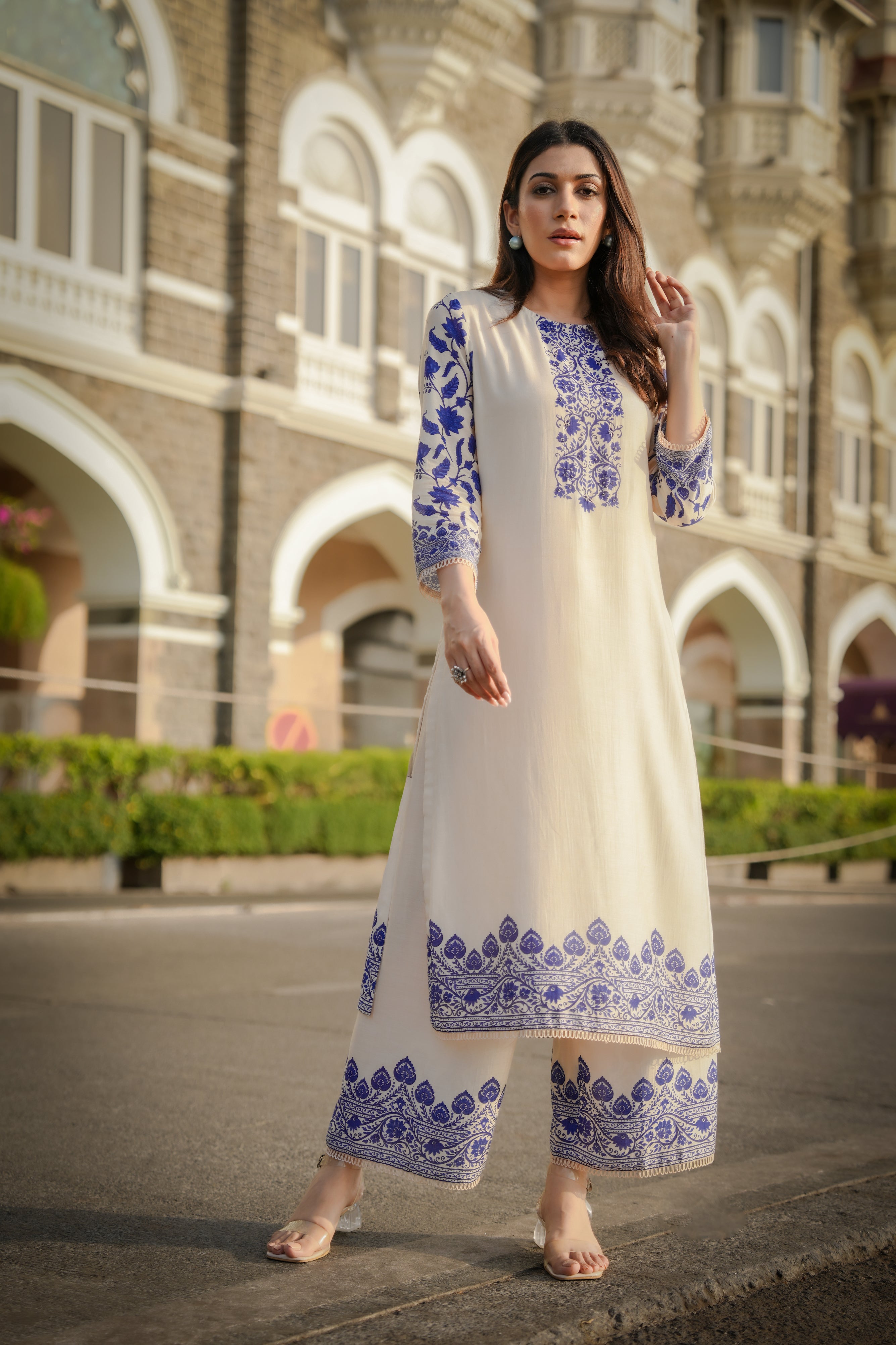 Off White Beigish Pure Muslin Suroop Blue Buti Kurta with Parallel Pants