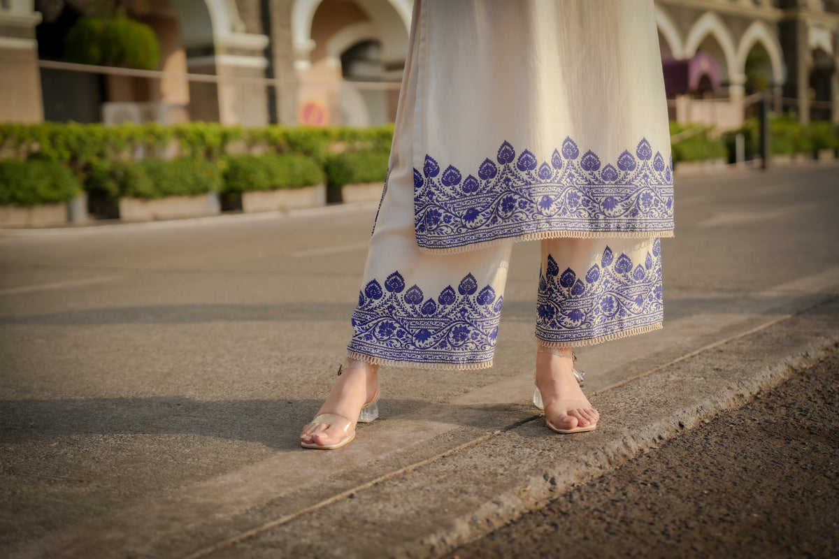 Off White Beigish Pure Muslin Suroop Blue Buti Kurta with Parallel Pants