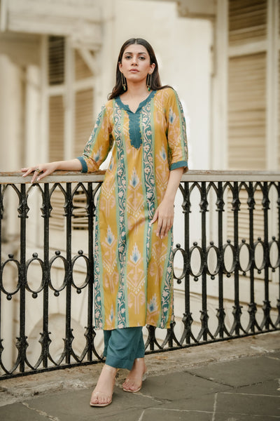 Mustard Green Panel Print Muslin Kurta Set