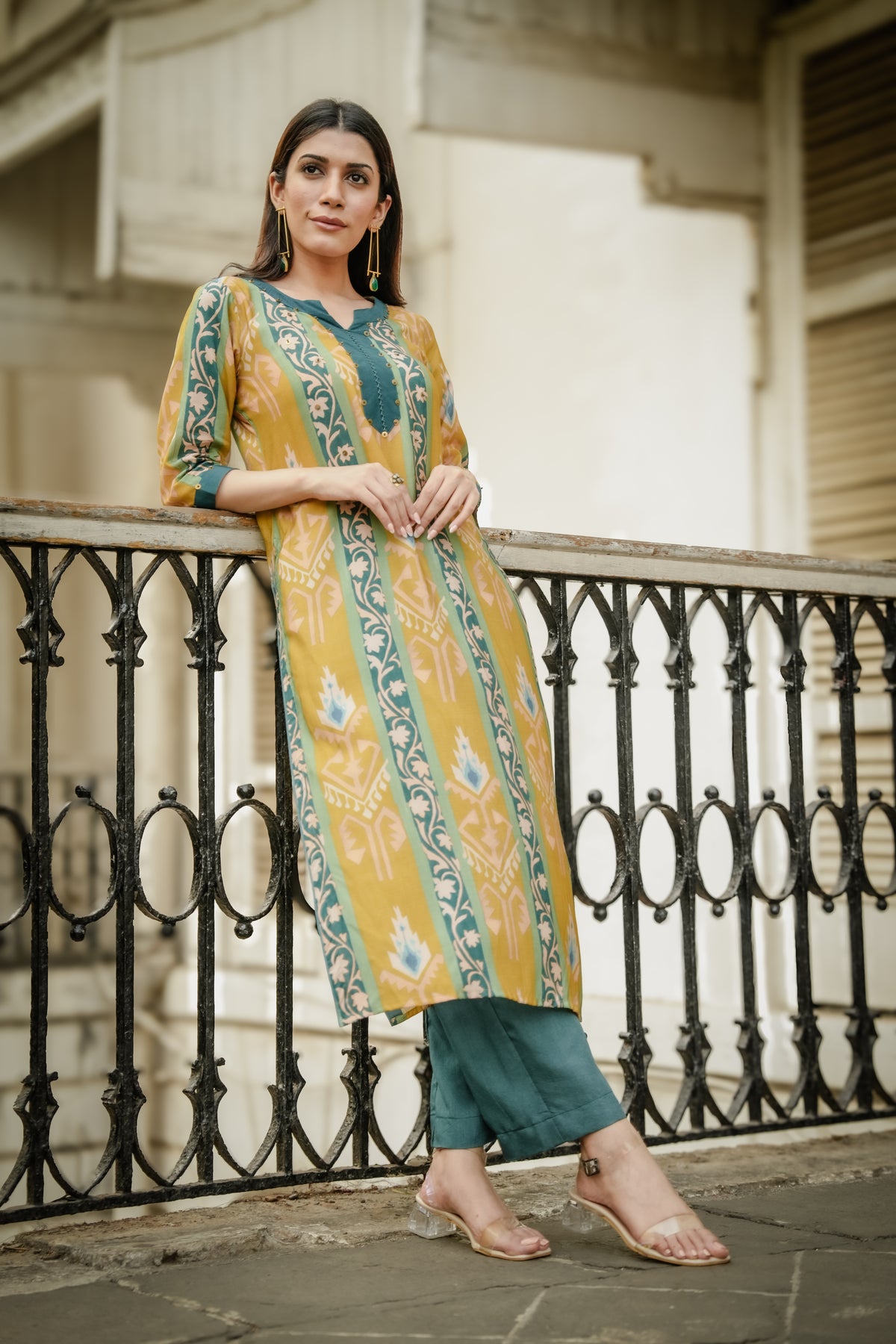 Mustard Green Panel Print Muslin Kurta Set