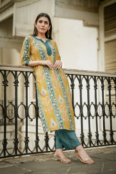 Mustard Green Panel Print Muslin Kurta Set