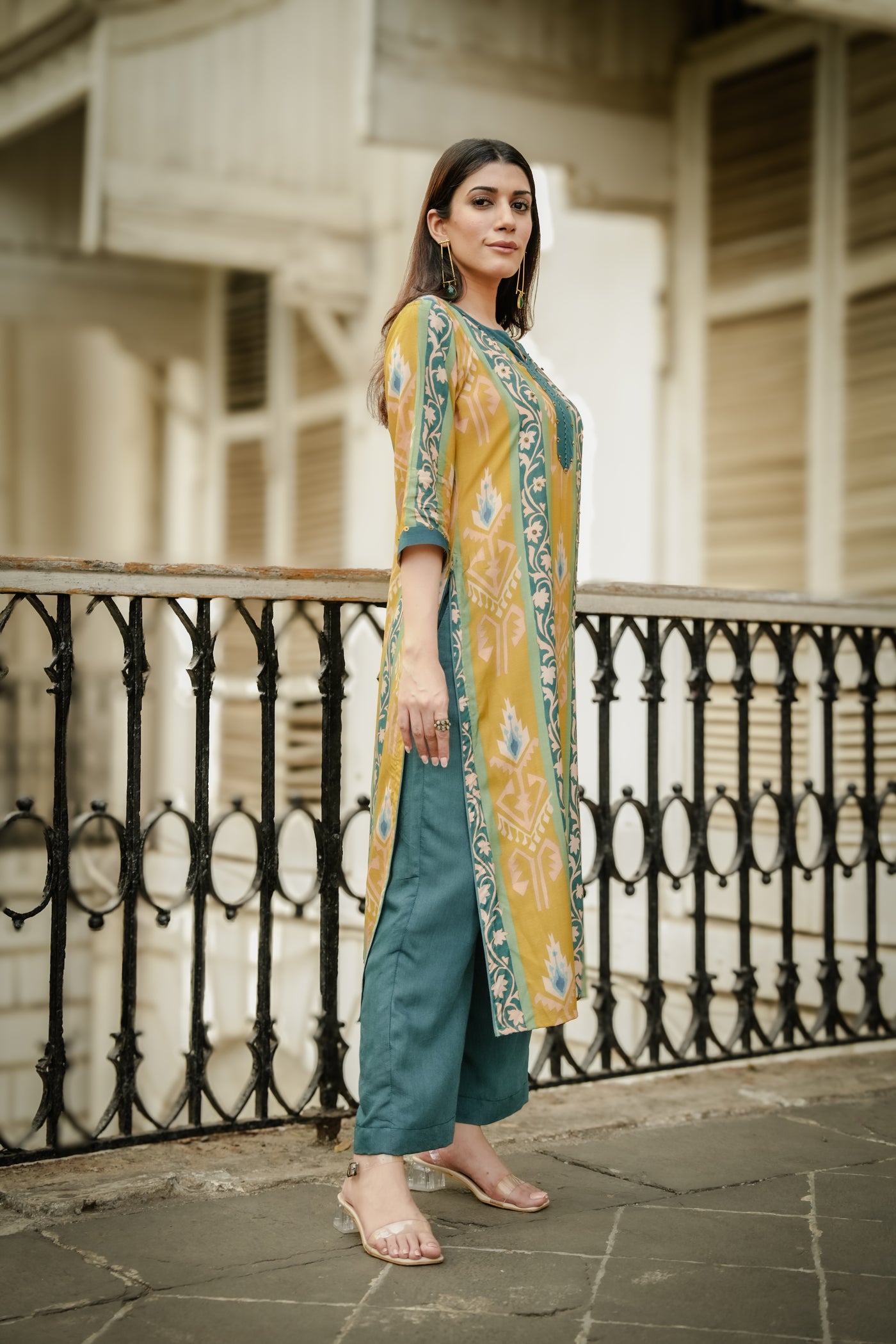 Mustard Green Panel Print Muslin Kurta Set