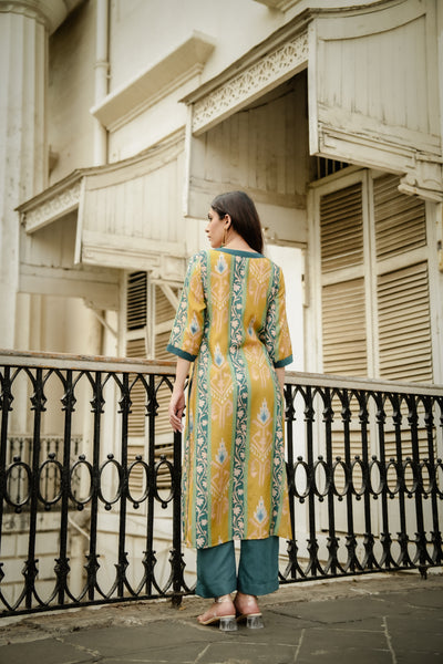 Mustard Green Panel Print Muslin Kurta Set