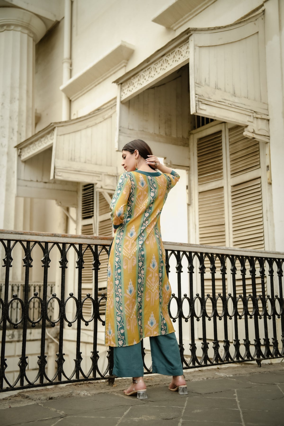 Mustard Green Panel Print Muslin Kurta Set