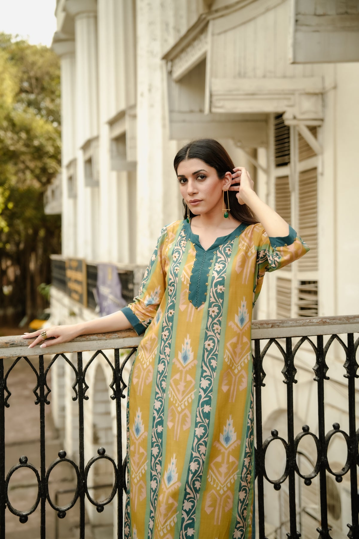Mustard Green Panel Print Muslin Kurta Set